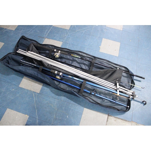 382 - A Collection of Various Sea Fishing Rods with Stands and Canvas Carrying Bag