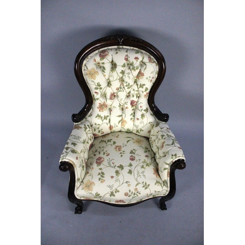 403 - A Reproduction Victorian Style Mahogany Framed Balloon Back Ladies Armchair with Buttoned Upholstery