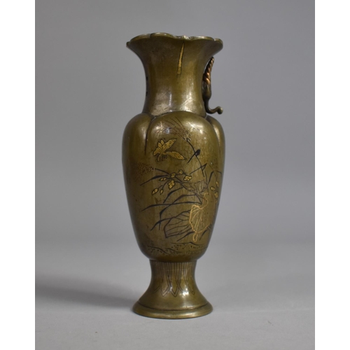 41 - A Small but Heavy Japanese Mixed Metal and Bronze Vase Decorated with Flowers and Butterfly, Dragonf... 