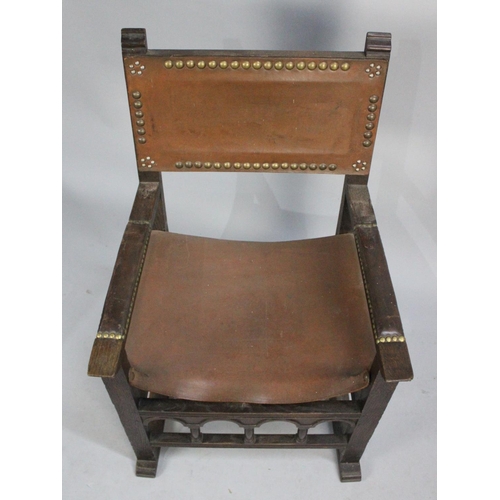 411 - An Edwardian Oak Framed Armada Style Chair with Brass Studded Leather Arms and Back