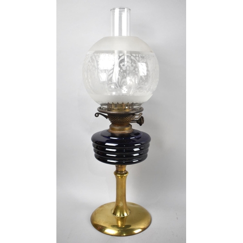 68 - A Late Victorian/Edwardian Oil Lamp with Brass Support to Cobalt Blue Glass Reservoir, Complete with... 