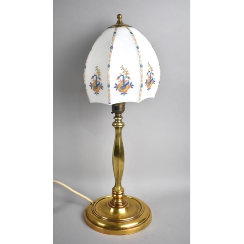 94 - A Nice Quality 1930's Brass Table Lamp with Opaque Glass Shade Having Floral Decoration, 45cm High O... 