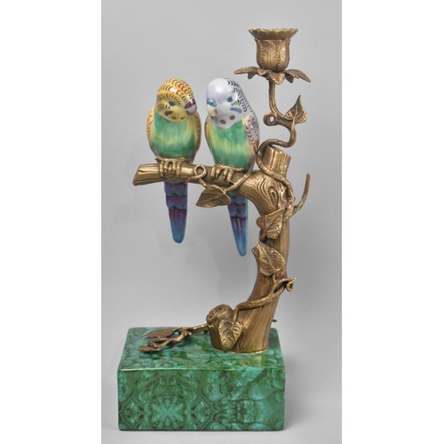 80 - A Modern Bronze and Porcelain Candlestick in the Form of Budgerigars Perched on Tree Trunk, Faux Mar... 