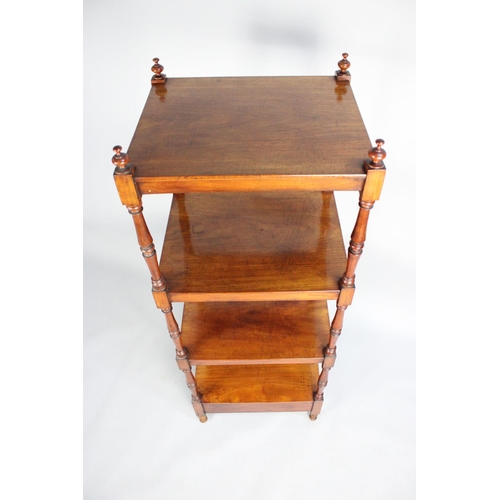 16 - An Edwardian Mahogany Four Tier Rectangular Whatnot with Turned Supports and Base Drawer, 47cms Wide... 
