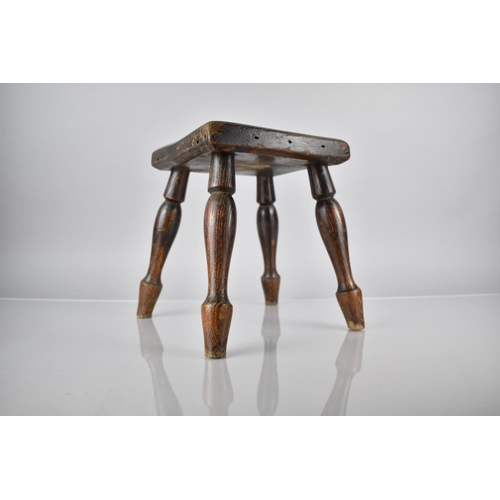 24 - A 19th Century Rustic Square Topped Stool on Four Turned Supports with Spade Feet, 20x20x25cm High
