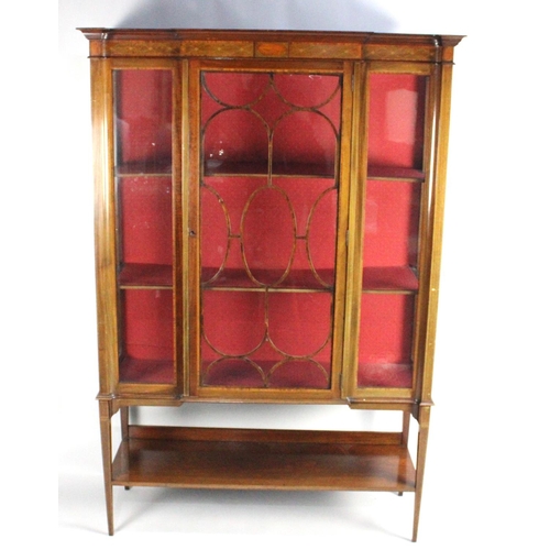 46 - An Edwardian Inlaid Mahogany Breakfront Glazed Display Cabinet with Stretcher Shelf and Satin Lined ... 