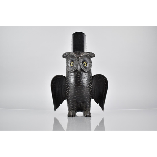 33 - A Large Novelty Carved Black Forest Wooden Brush Holder in the Form of Long Eared Owl with Wings Par... 