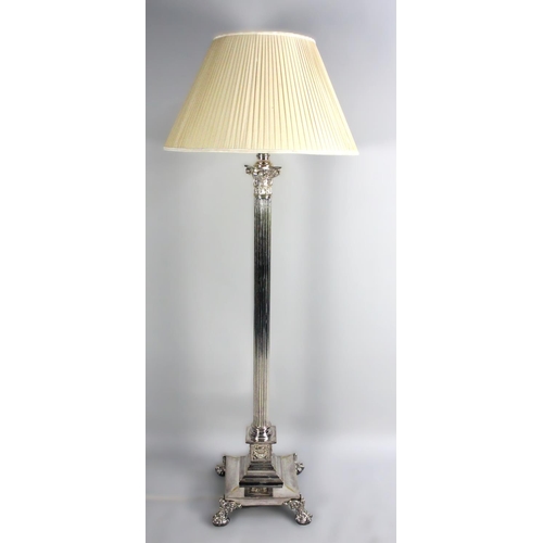 124 - A Very Good Quality and Heavy Silver Plated Standard Lamp with Reeded Corinthian Column on Stepped B... 