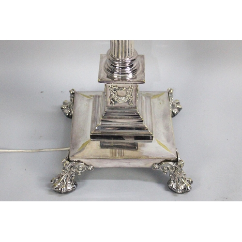 124 - A Very Good Quality and Heavy Silver Plated Standard Lamp with Reeded Corinthian Column on Stepped B... 