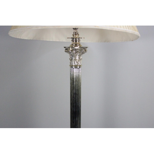 124 - A Very Good Quality and Heavy Silver Plated Standard Lamp with Reeded Corinthian Column on Stepped B... 