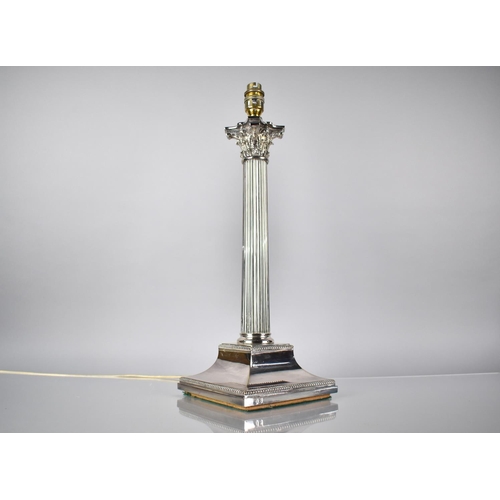 123 - A Silver Plated Corinthian Column Lamp Base with Reeded Column on Square Plinth Base Having Beaded D... 