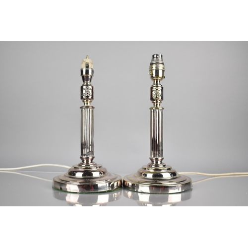 122 - A Pair of Silver Plated Lamps of Column Form with Maritime Anchor  Motif, 26.5cm high plated support... 