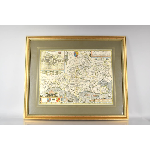 111 - A Framed 19th Century Map of Dorsetshyre by John Speed and Jodocus Hondius Dated 1662 51x38 cms