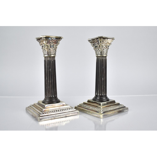 121 - A Pair of Small Silver Plate and Wooden Candlesticks in the Form of Ribbed Corinthian Columns By RH ... 