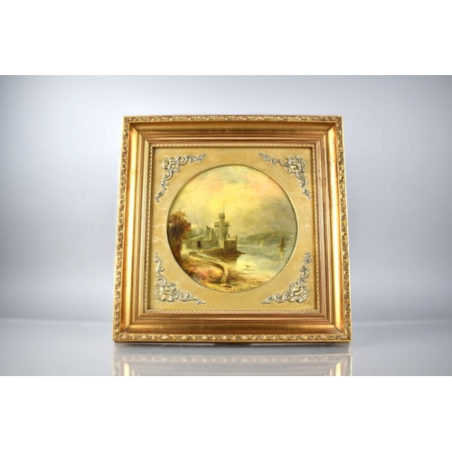 110 - A Gilt Framed 19th Century Oil on Card, Blackrock Castle On The River Lee, Cork 20.5cm Diameter