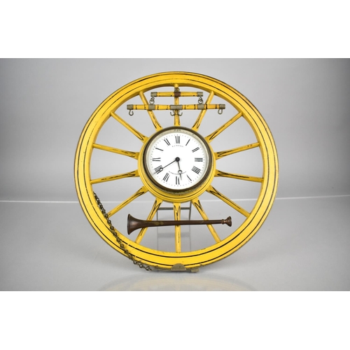 105 - An Early 20th Century Novelty Clock in the Form of a 14 Spoke Cart Wheel with Swingle Tree and Horn,... 