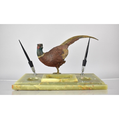 85 - An Early 20th Century Desk Top Pen Set having  Large Cold Painted Bronze Cock Pheasant Mounted on Re... 