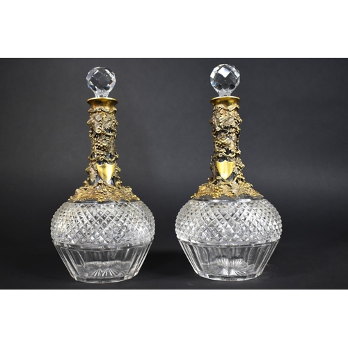 116 - A Nice Pair of Cut Glass Globe and Stalk Decanters with Hobnail Cut Bodies and Applied Gilt Metal Mo... 