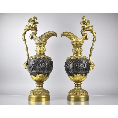 98 - A Large and Impressive Pair of Continental Gilt Bronze Decorative Ornamental Ewers Decorated in Reli... 