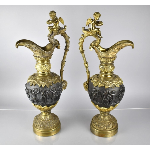 98 - A Large and Impressive Pair of Continental Gilt Bronze Decorative Ornamental Ewers Decorated in Reli... 