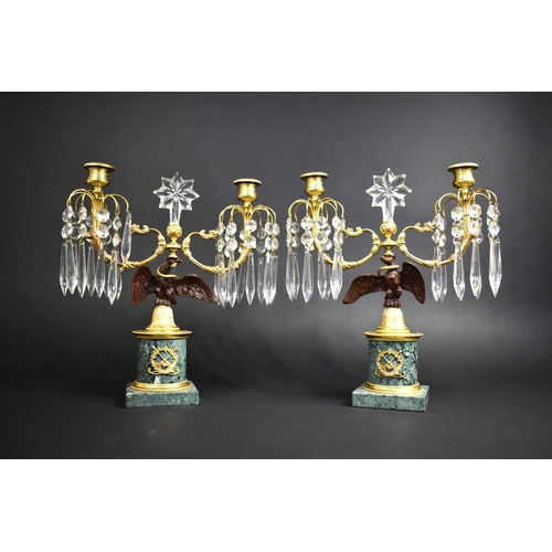 96 - A Pair of french Gilt Metal, Bronze and Marble Two Branch Candelabra Garnitures, the Supports in the... 