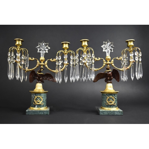 96 - A Pair of french Gilt Metal, Bronze and Marble Two Branch Candelabra Garnitures, the Supports in the... 