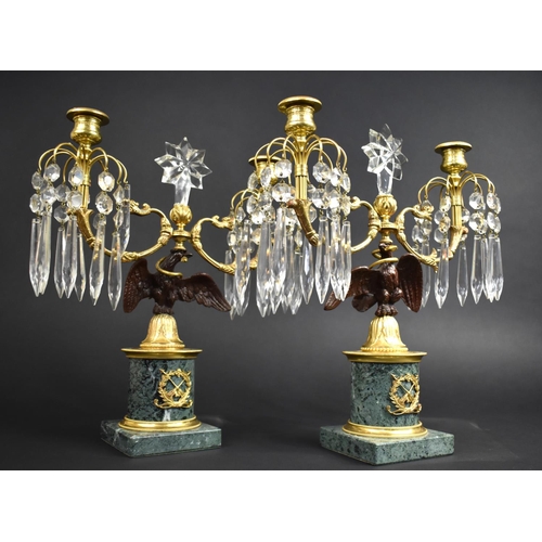 96 - A Pair of french Gilt Metal, Bronze and Marble Two Branch Candelabra Garnitures, the Supports in the... 