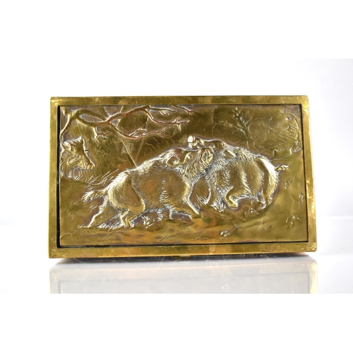 92 - A Continental Brass Box, The Hinged Lid Decorated in Relief with Two Wild Boar Fighting, 21.5x13x7.5... 