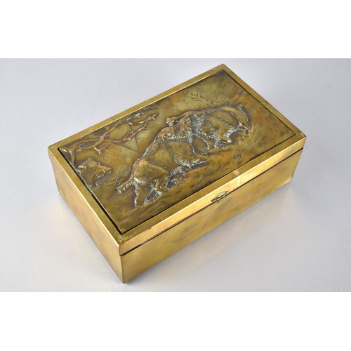 92 - A Continental Brass Box, The Hinged Lid Decorated in Relief with Two Wild Boar Fighting, 21.5x13x7.5... 