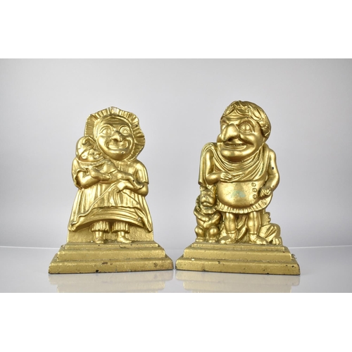 90 - A Pair of Large Late Victorian Gilt Sprayed Cast Iron Door Stops, Punch and Judy, 31cm High