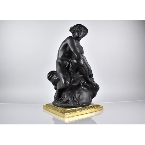 80 - A Large Continental Bronze Effect Table Lamp Base in the Form of Seated Mercury, Set on Brass Square... 