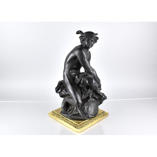 80 - A Large Continental Bronze Effect Table Lamp Base in the Form of Seated Mercury, Set on Brass Square... 