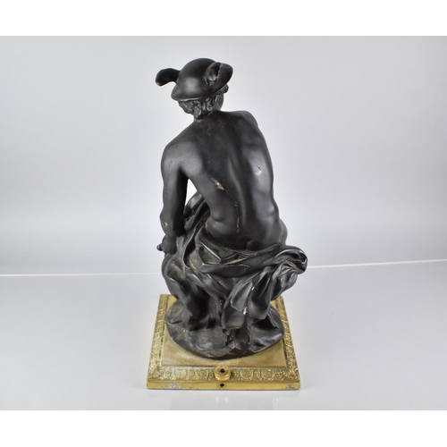 80 - A Large Continental Bronze Effect Table Lamp Base in the Form of Seated Mercury, Set on Brass Square... 