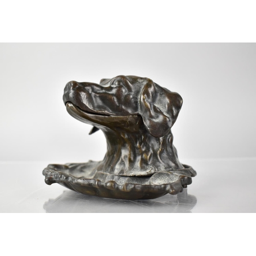 79 - A French Bronze Desk Top Inkwell in The Form of A Spaniel's Head, Hinged to Reveal Ceramic Inkwell, ... 