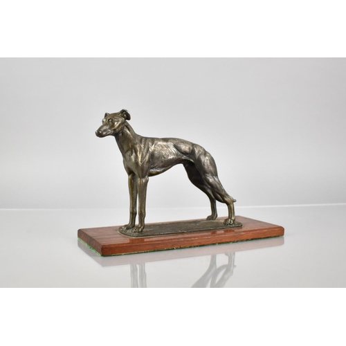 77 - A Cast Metal Study of Standing Greyhound, Set on Rectangular Wooden Base, 23x10cm