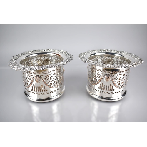 118 - A Pair of Nice Quality Early 20th Century Sheffield Plated Coasters with Tall Pierced Sides Decorate... 