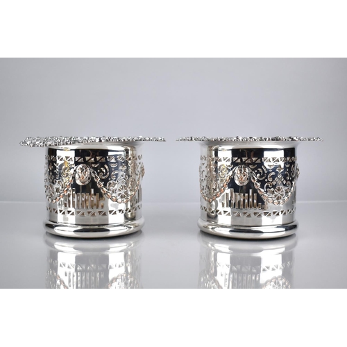 118 - A Pair of Nice Quality Early 20th Century Sheffield Plated Coasters with Tall Pierced Sides Decorate... 