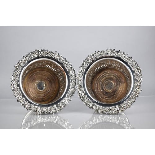 118 - A Pair of Nice Quality Early 20th Century Sheffield Plated Coasters with Tall Pierced Sides Decorate... 