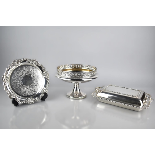 119 - Three Pieces of Good Quality Silver Plate to Comprise Card Tray With Moulded Rim & Chased Decoration... 