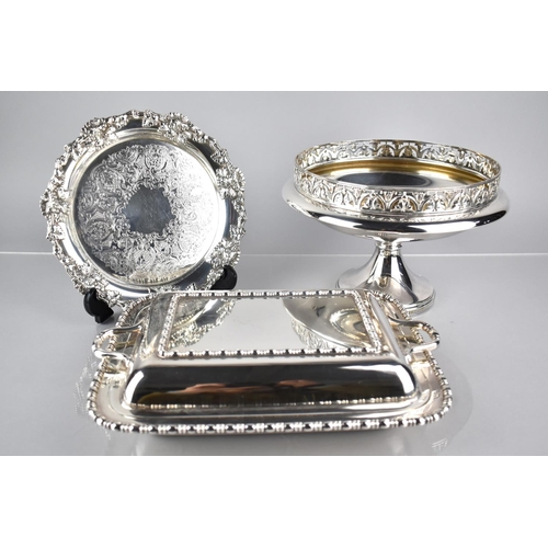 119 - Three Pieces of Good Quality Silver Plate to Comprise Card Tray With Moulded Rim & Chased Decoration... 