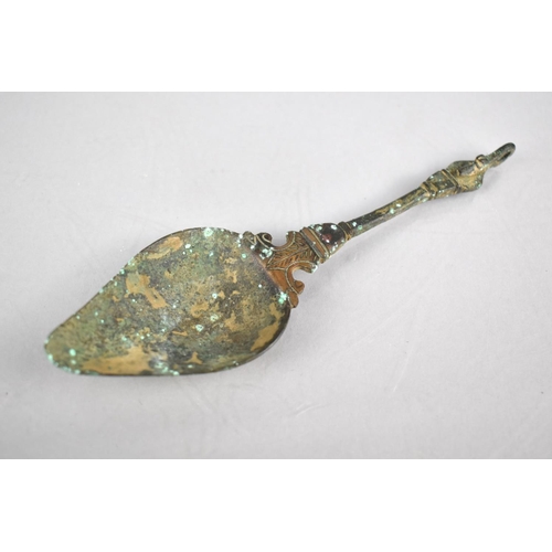 204 - A Roman Type Painted Bronze Spoon with Pap Bowl to Ornate Scrolled Mount and Zoomorphic Finial, 18cm... 
