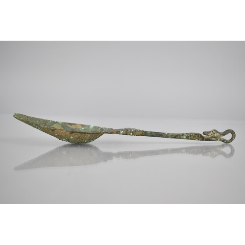 204 - A Roman Type Painted Bronze Spoon with Pap Bowl to Ornate Scrolled Mount and Zoomorphic Finial, 18cm... 