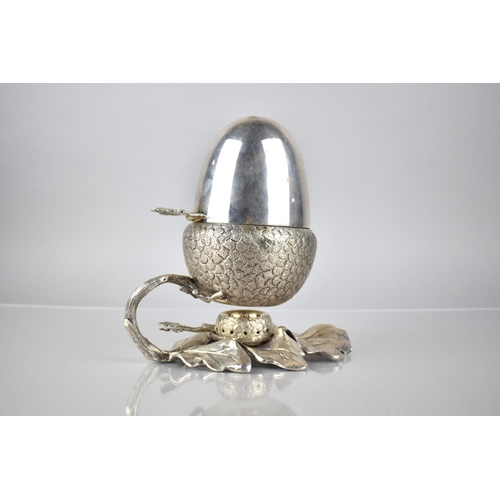 120 - A Late Victorian Silver Plated Warmer in the Form of an Acorn on Oak Leaf, Complete With Burner, Loz... 