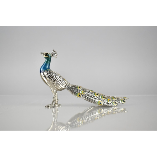 169 - A Saturno Silver and Enamel Study of a Peacock with Hallmark and Stamped 925, 8cms High and 13cms Lo... 