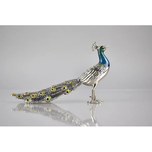 169 - A Saturno Silver and Enamel Study of a Peacock with Hallmark and Stamped 925, 8cms High and 13cms Lo... 