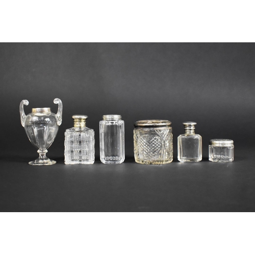 181 - Six Various Glass & Silver Mounted dressing Table Pots to Include Urn Shape Example, Various Makers ... 