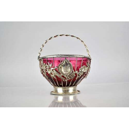 179 - An 18th Century White Metal & Cranberry Glass Bowl, (Unmarked But Believed To Be Silver) the Frame o... 