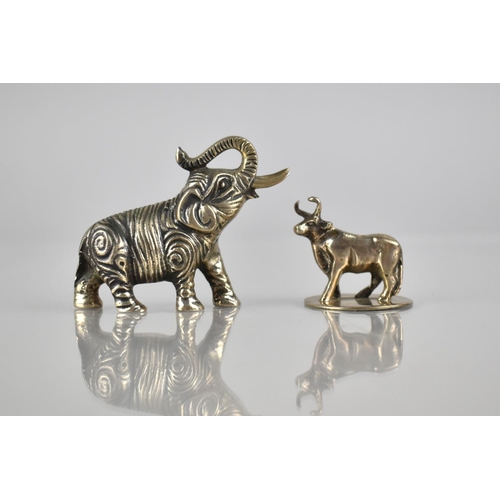 166 - Two Silver Miniatures, Elephant, 5cm High and Bull, 3cm High, 800 Silver