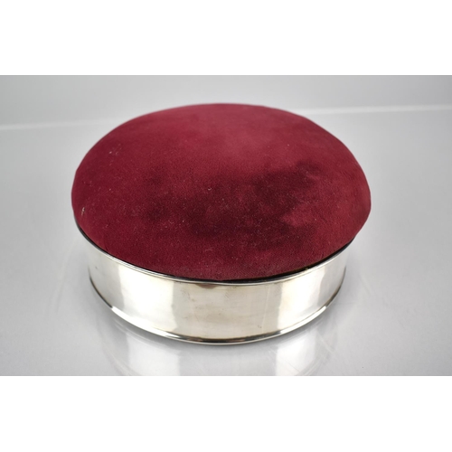 159 - An Edward VII Silver Mounted Circular Box with Pin Cushion Top, Birmingham 1911 Hallmark, 17cm Diame... 