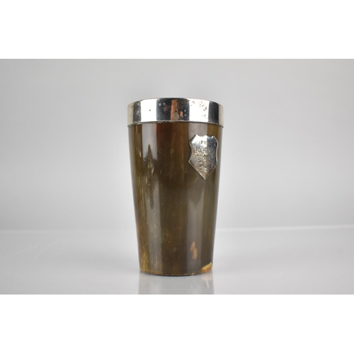 128 - A 19th Century Silver Mounted Horn Beaker with Shield Mounts, Having Crest 7 Inscription, 11.5cm Hig... 